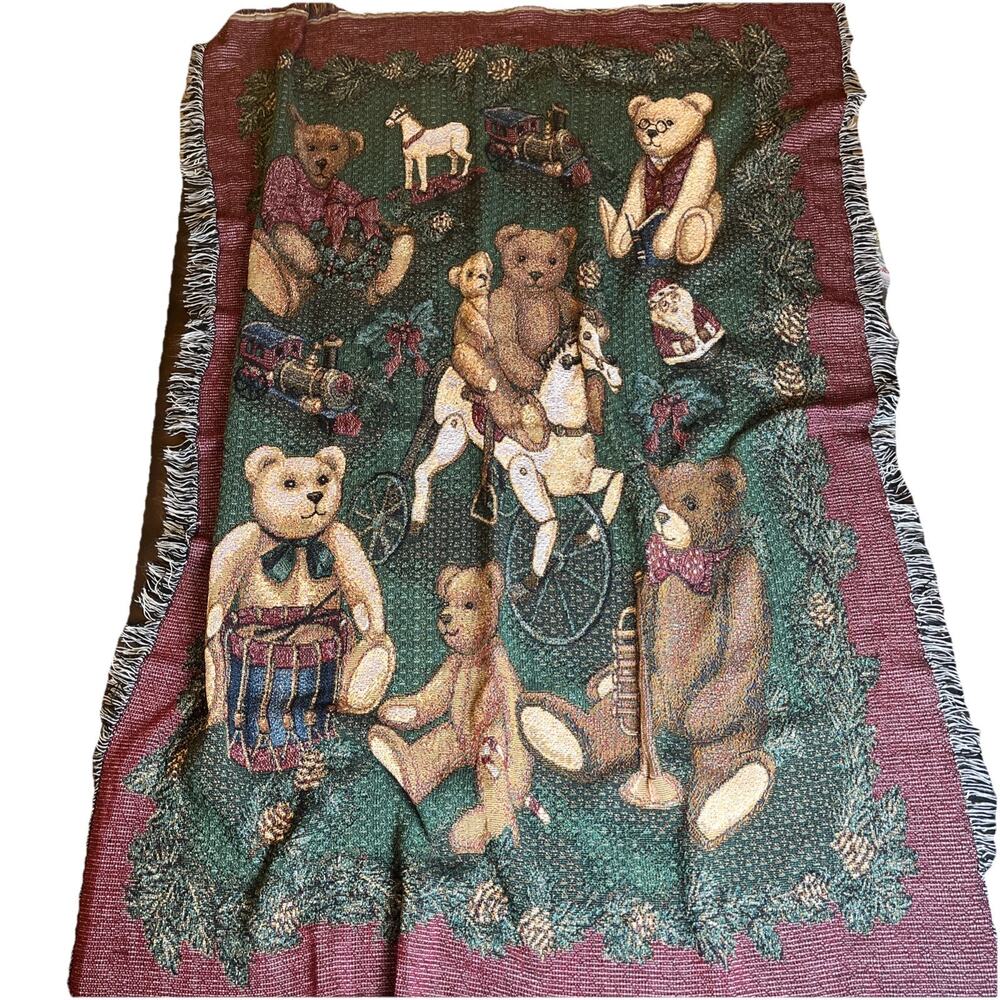 Christmas Teddy Bear Tapestry Fringe Throw Blanket Holiday Decor 52 x46